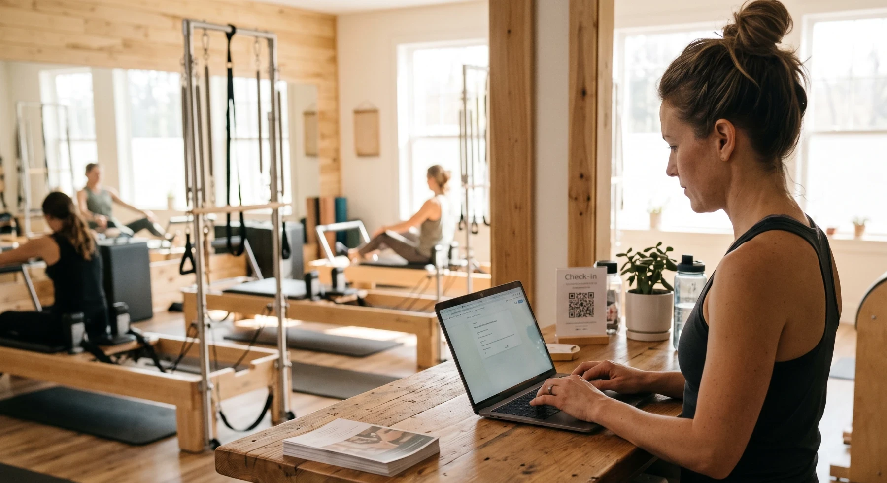 Studio owner managing Google Business Profile on laptop in a reformer Pilates studio