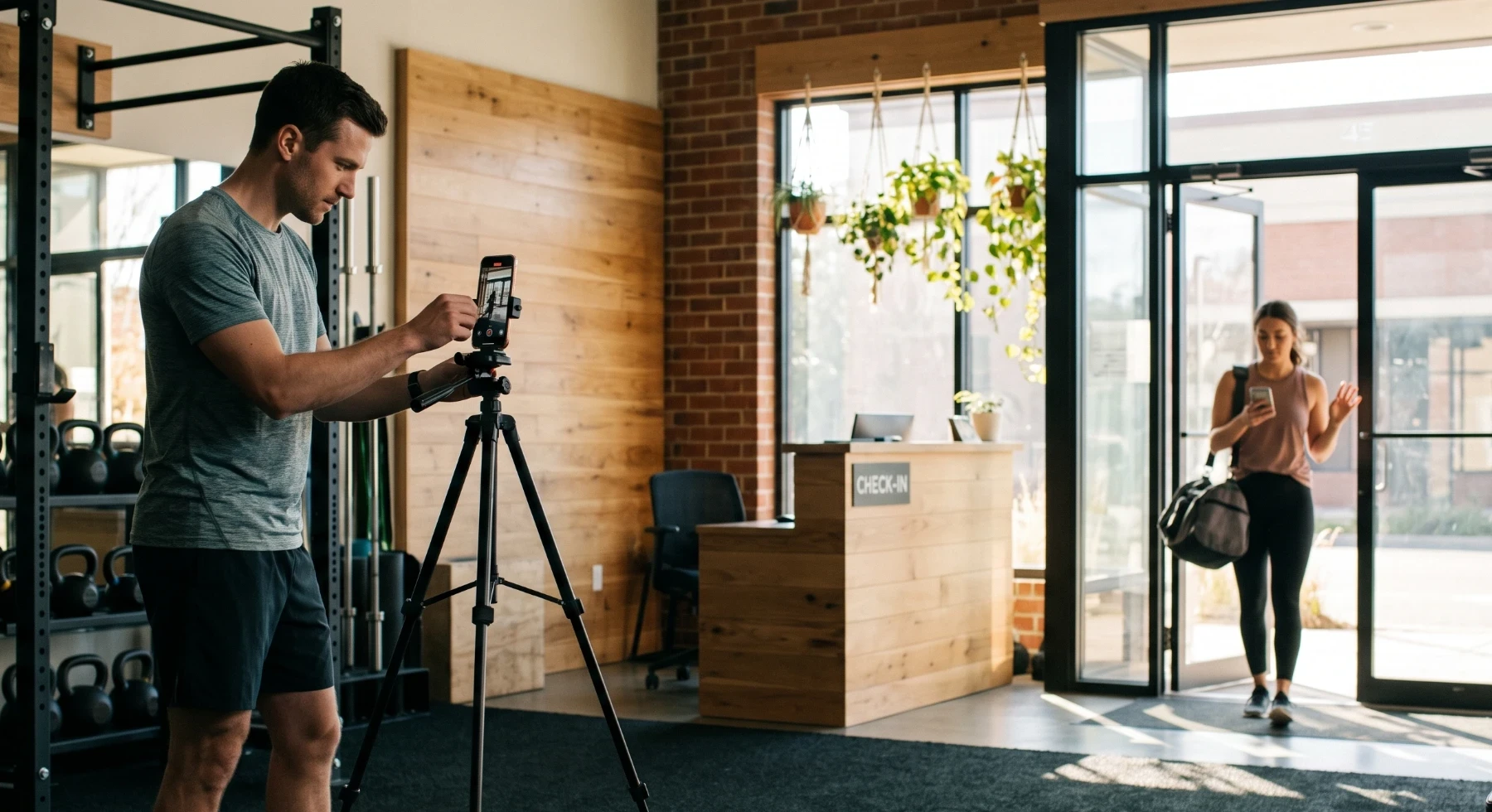 Gym owner filming a class on a phone tripod while a member arrives
