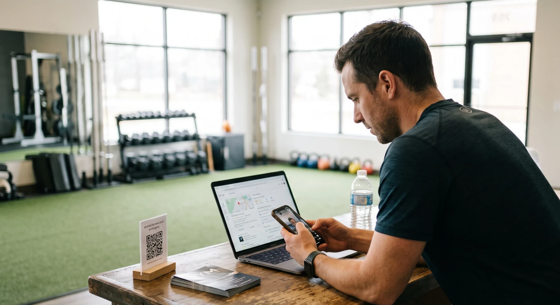 Gym owner checking Google Business Profile on laptop and phone